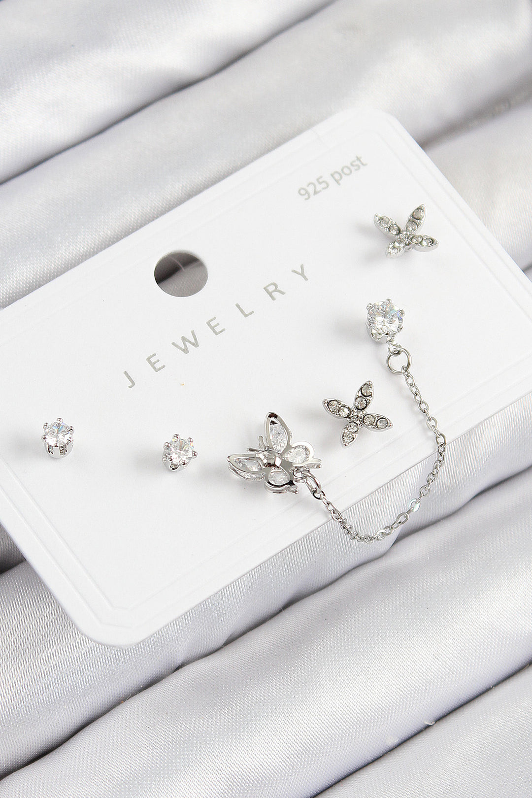 EBJ Rice Zircon Stone Butterfly Model Silver Color 925 Sterling Silver Nail Women Earring Set - Lynchburg