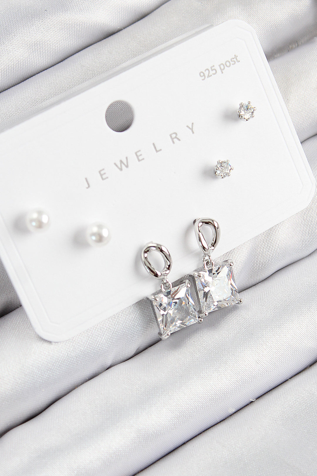 EBJ Rice Zircon Stone Dangling Square Model Silver Color 925 Sterling Silver Nail Women Earring Set - Elk Grove