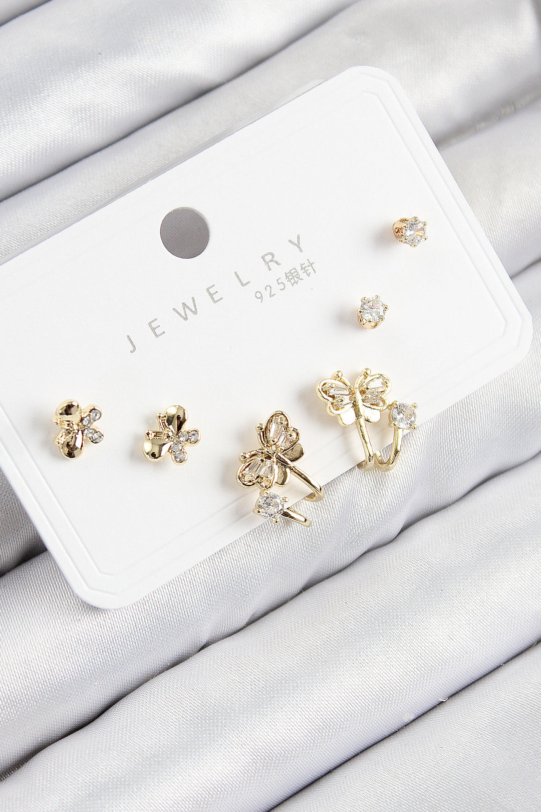 EBJ Rice Zircon Stone Butterfly Model Gold Color 925 Sterling Silver Nail Women Earring Set - Warwick