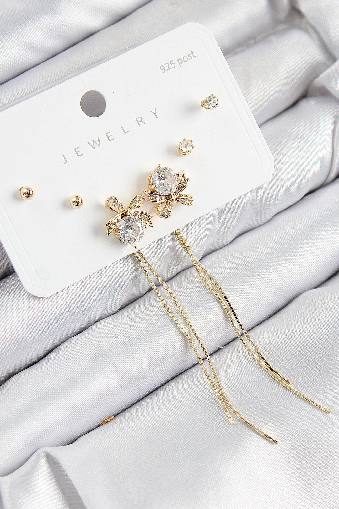 EBJ Rice Zircon Stone Dangling Bow Model Gold Color 925 Sterling Silver Nail Women Earring Set - Fribourg