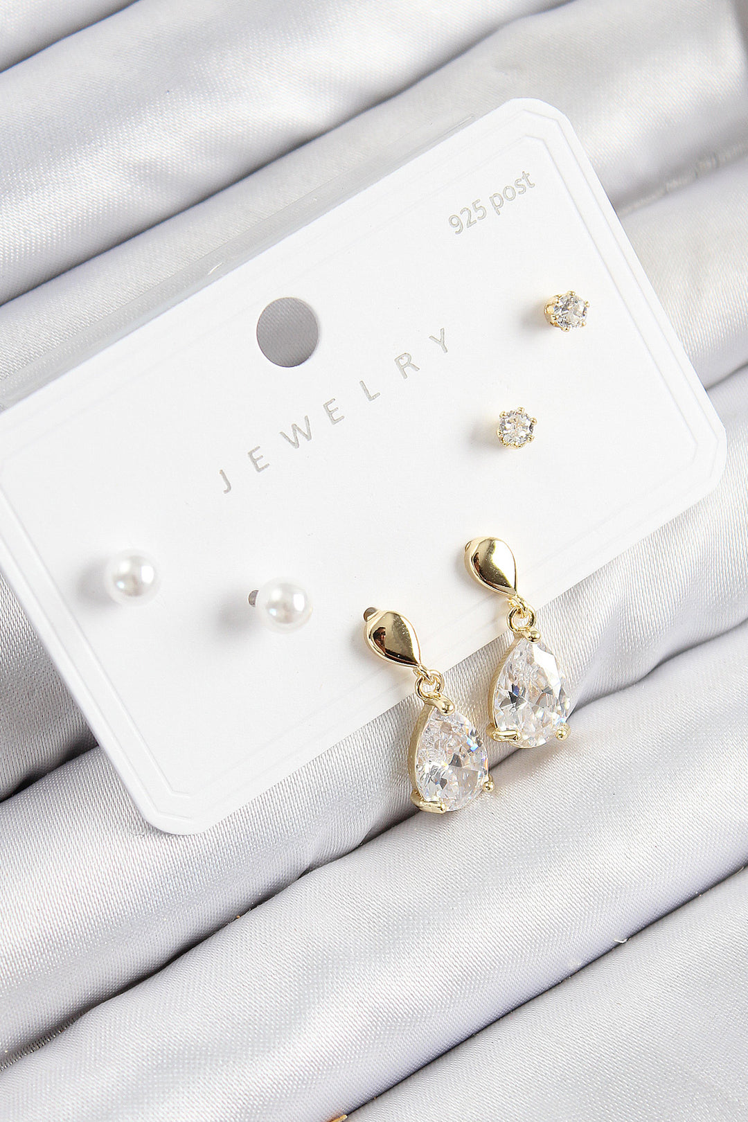 EBJ Rice Zircon Stone Dangling Drop Model Gold Color 925 Sterling Silver Nail Women Earring Set - Six-Fours-les-Plages