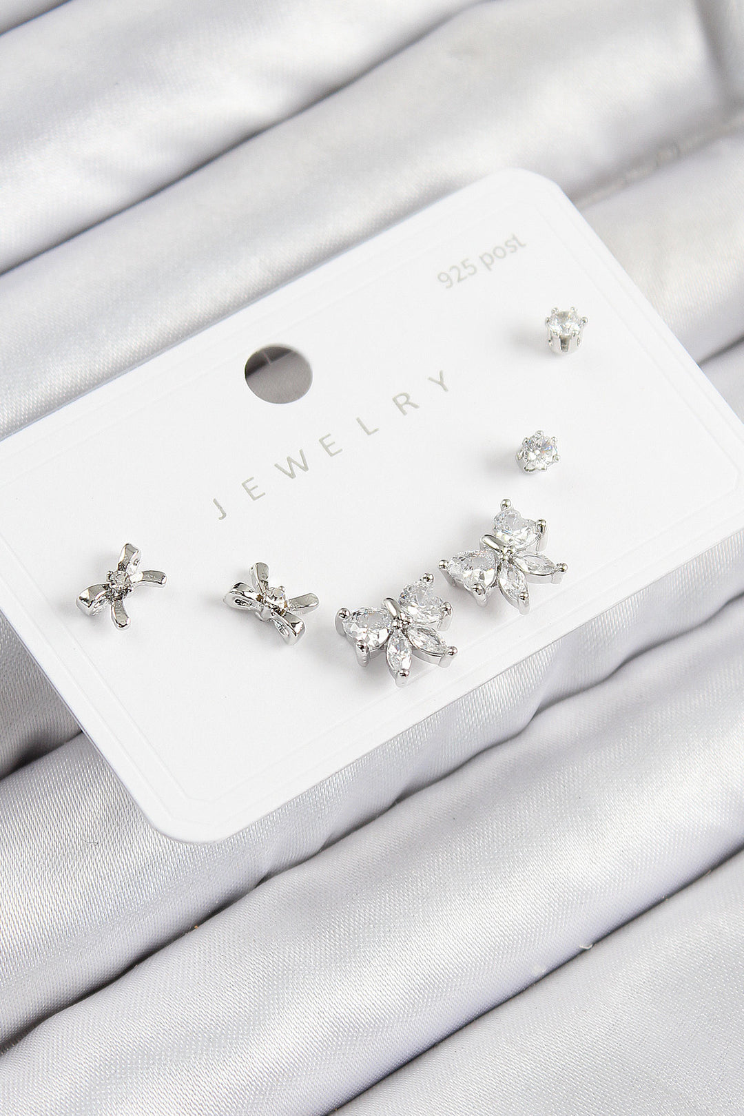 EBJ Rice Zircon Stone Bow Model Silver Color 925 Sterling Silver Nail Women Earring Set - Fermo