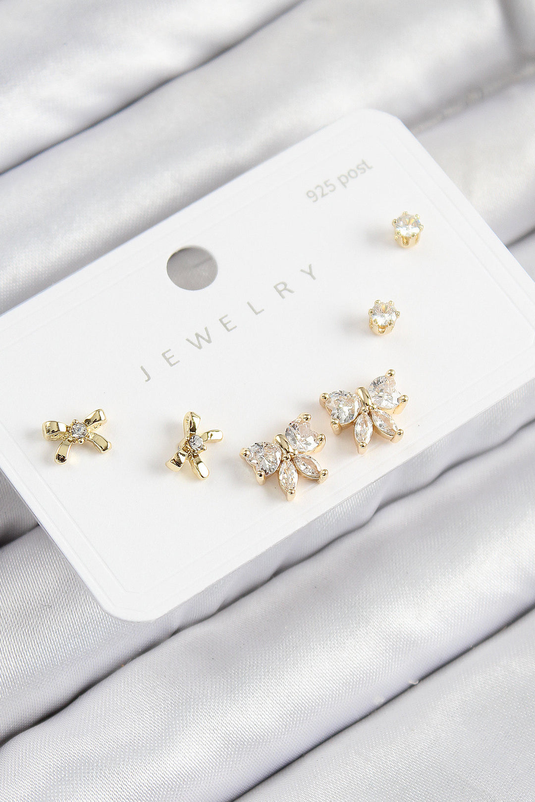 EBJ Rice Zircon Stone Bow Model Gold Color 925 Sterling Silver Nail Women Earring Set - Holubivske