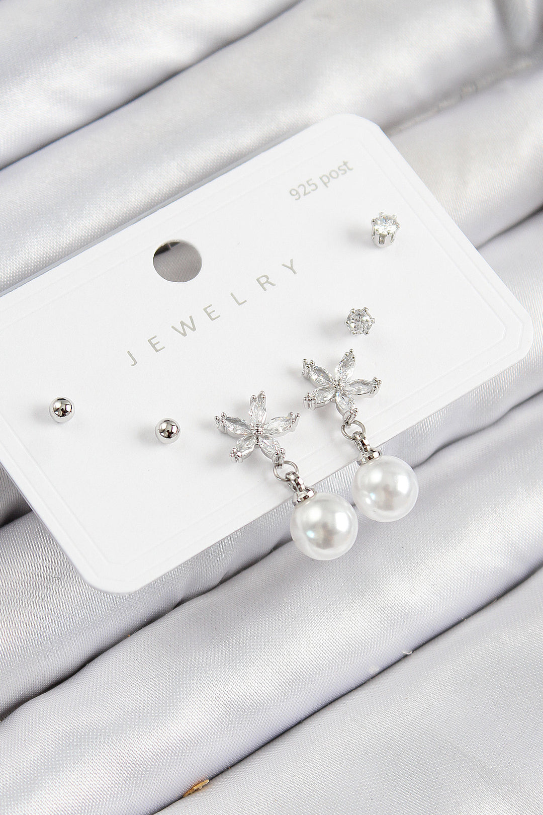 EBJ Rice Zircon Stone Pearl Dangle Flower Model Silver Color 925 Sterling Silver Nail Women Earring Set - Grand Junction