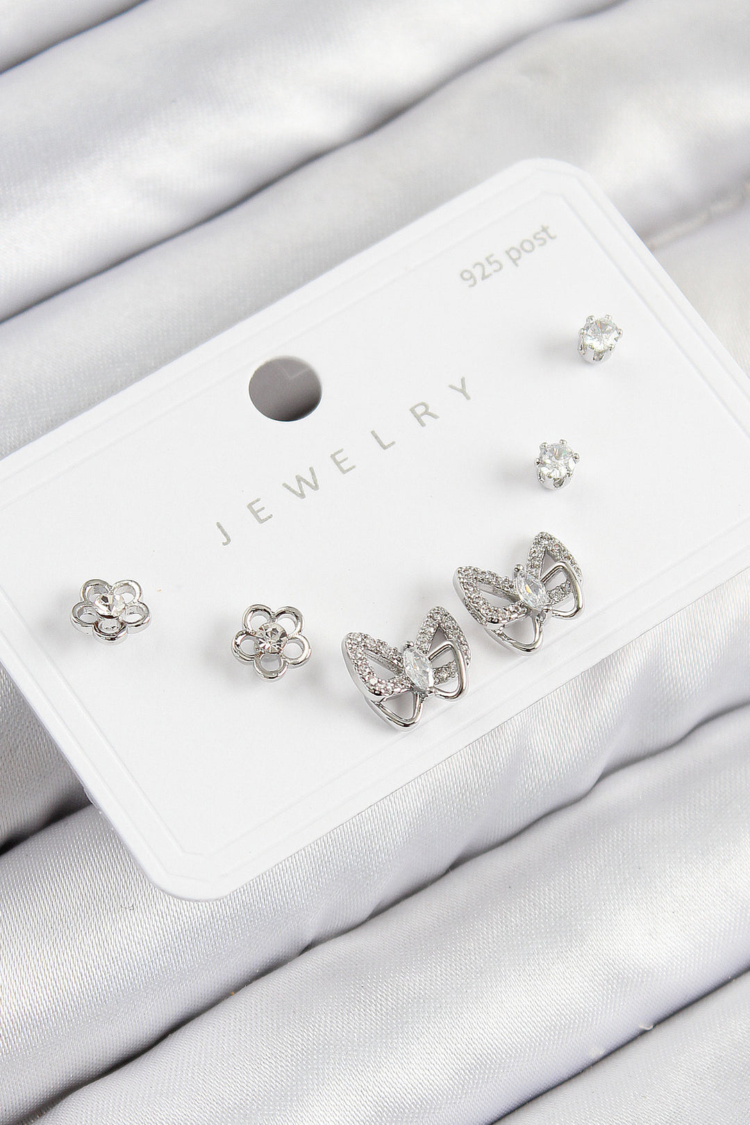 EBJ Rice Zircon Stone Butterfly Model Silver Color 925 Sterling Silver Nail Women Earring Set - Wood Buffalo