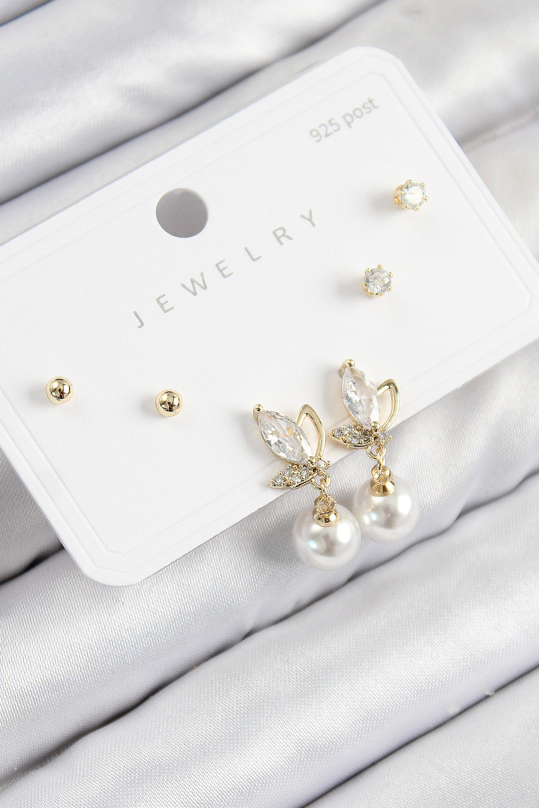 EBJ Rice Zircon Stone Pearl Dangle Model Gold Color 925 Sterling Silver Nail Women Earring Set - Menomonee Falls