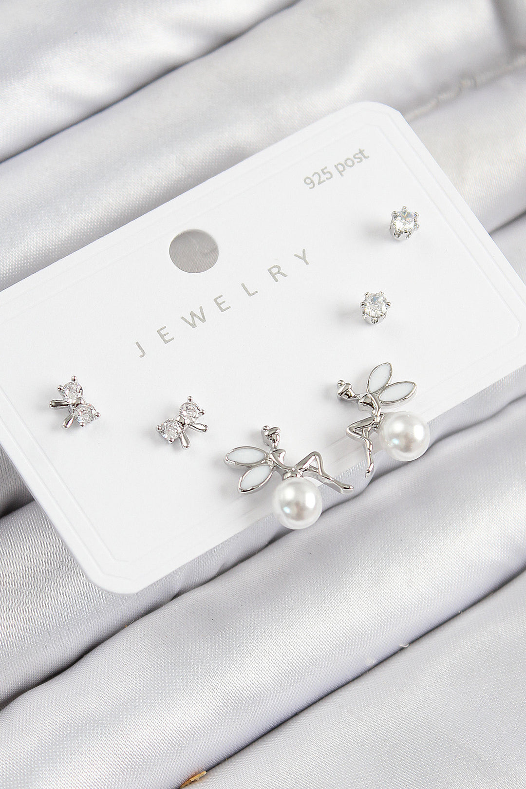 EBJ Rice Zircon Stone Pearl Angel Model Silver Color 925 Sterling Silver Nail Women Earring Set - Lincoln