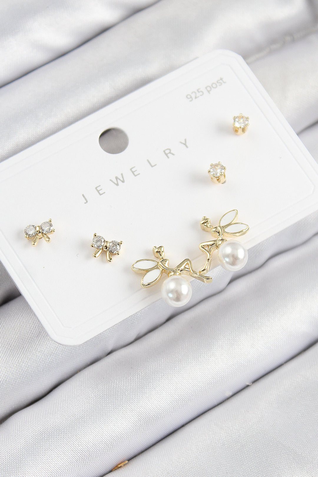 EBJ Rice Zircon Stone Pearl Angel Model Gold Color 925 Sterling Silver Nail Women Earring Set - Limoges