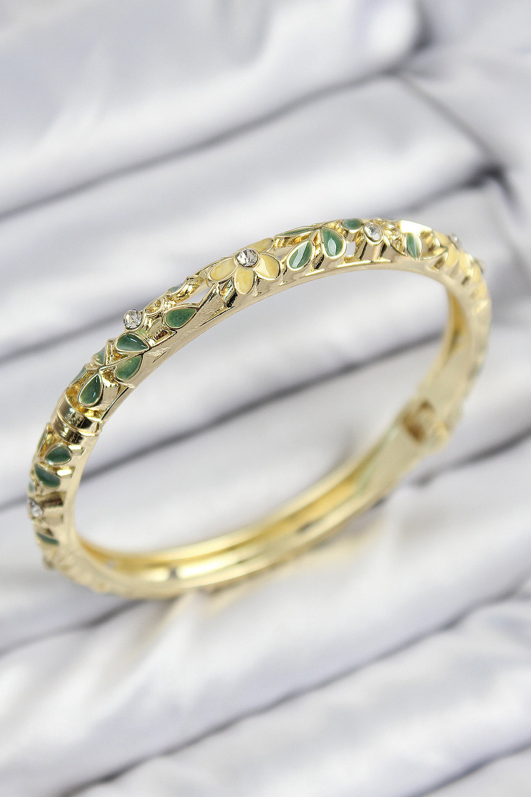 EBJ Enamel Gold Bracelet with Rice Zircon Stone Green Yellow Flower Motif - Whangarei