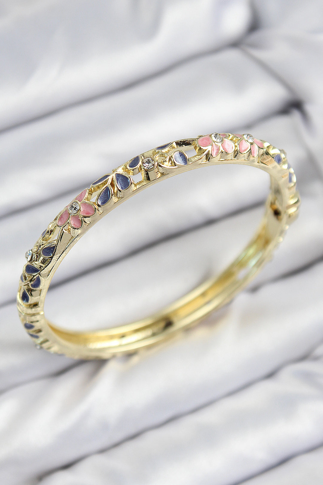 EBJ Enamel Rice Zircon Stone Pink Purple Flower Motif Gold Women's Cuff - Bellevue