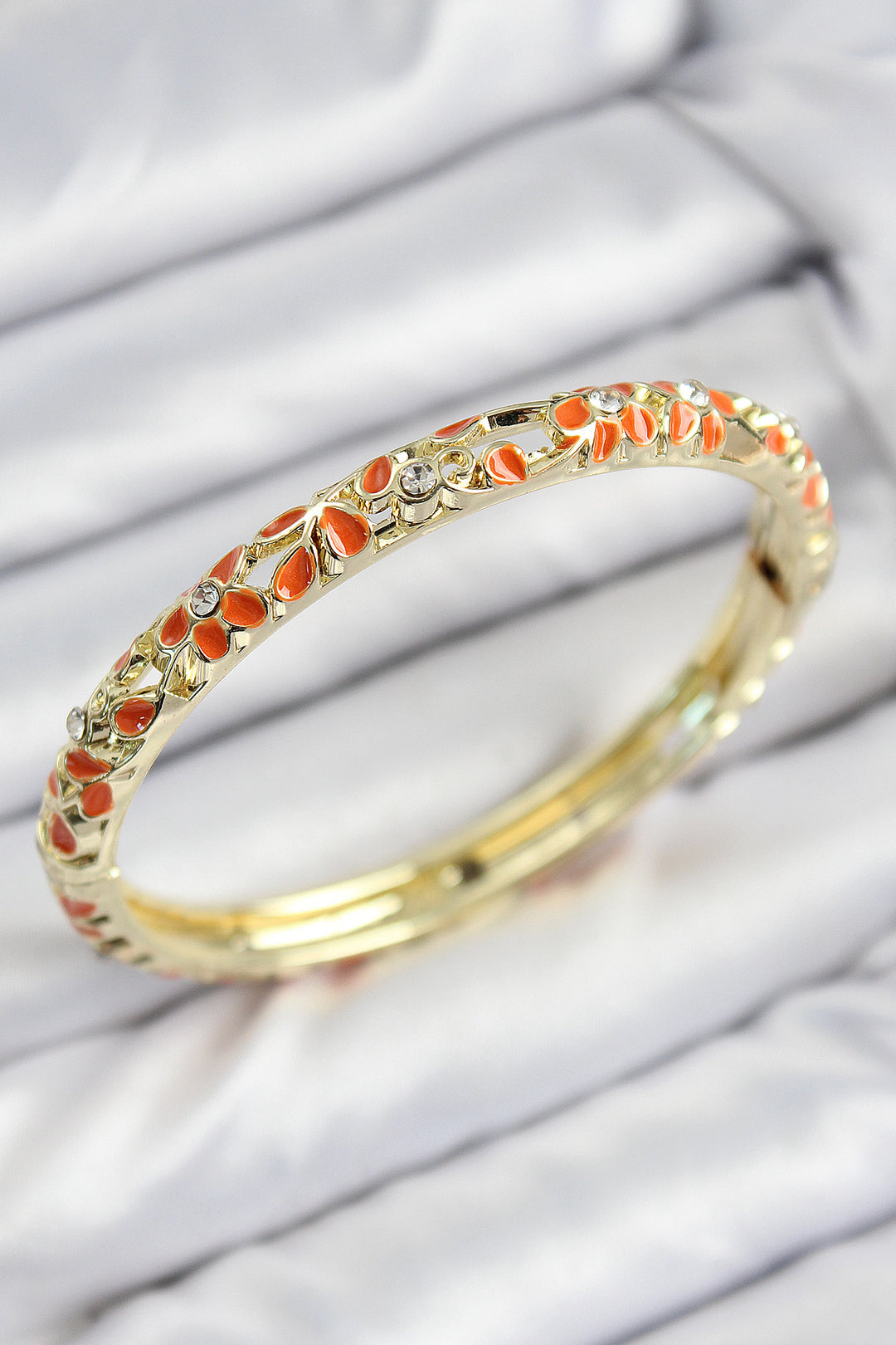 EBJ Enamel Gold Bracelet with Rice Zircon Stone Orange Flower Motif - Old Bridge