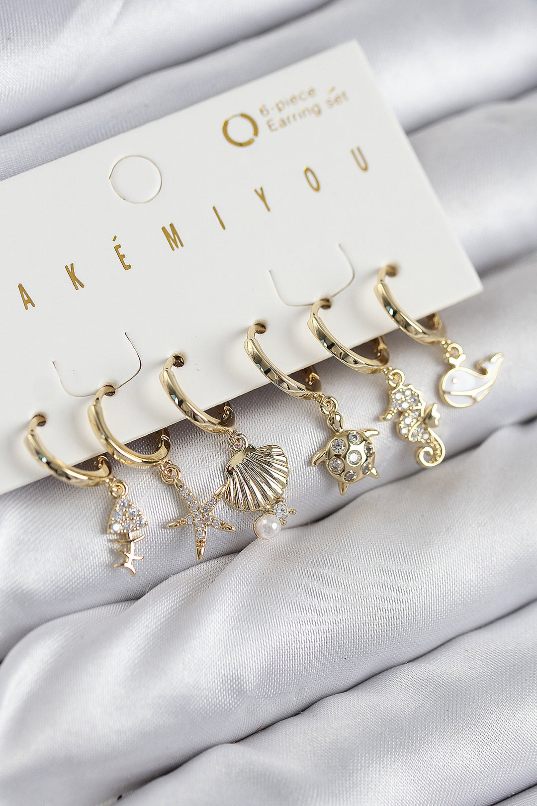 EBJ Rice Zircon Stone Oyster Whale and Star Gold Color 6-Piece Earring Set - Mérida