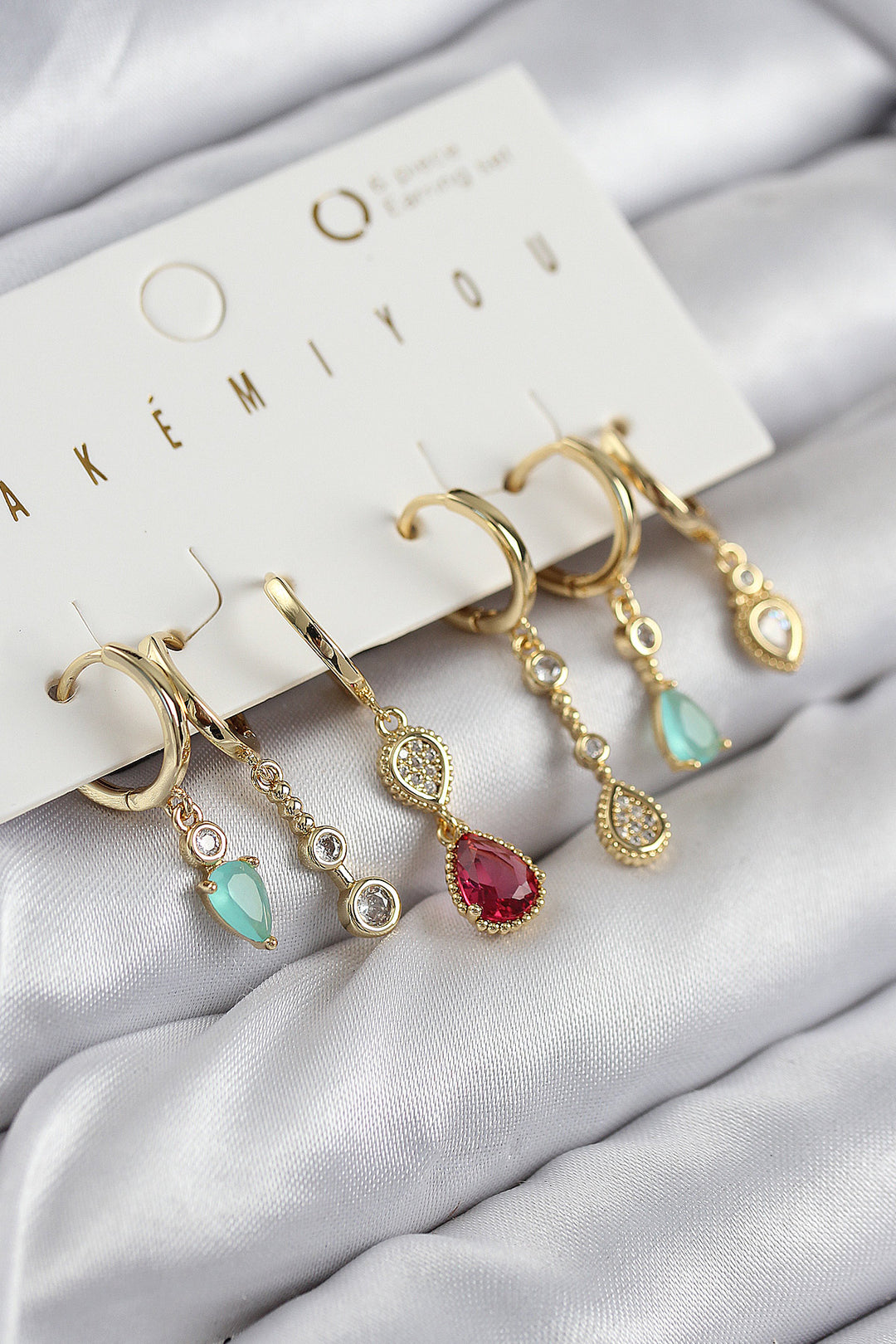 EBJ Rice Zircon Stone Dangle Model Gold Color 6-Piece Earring Set - Camarillo