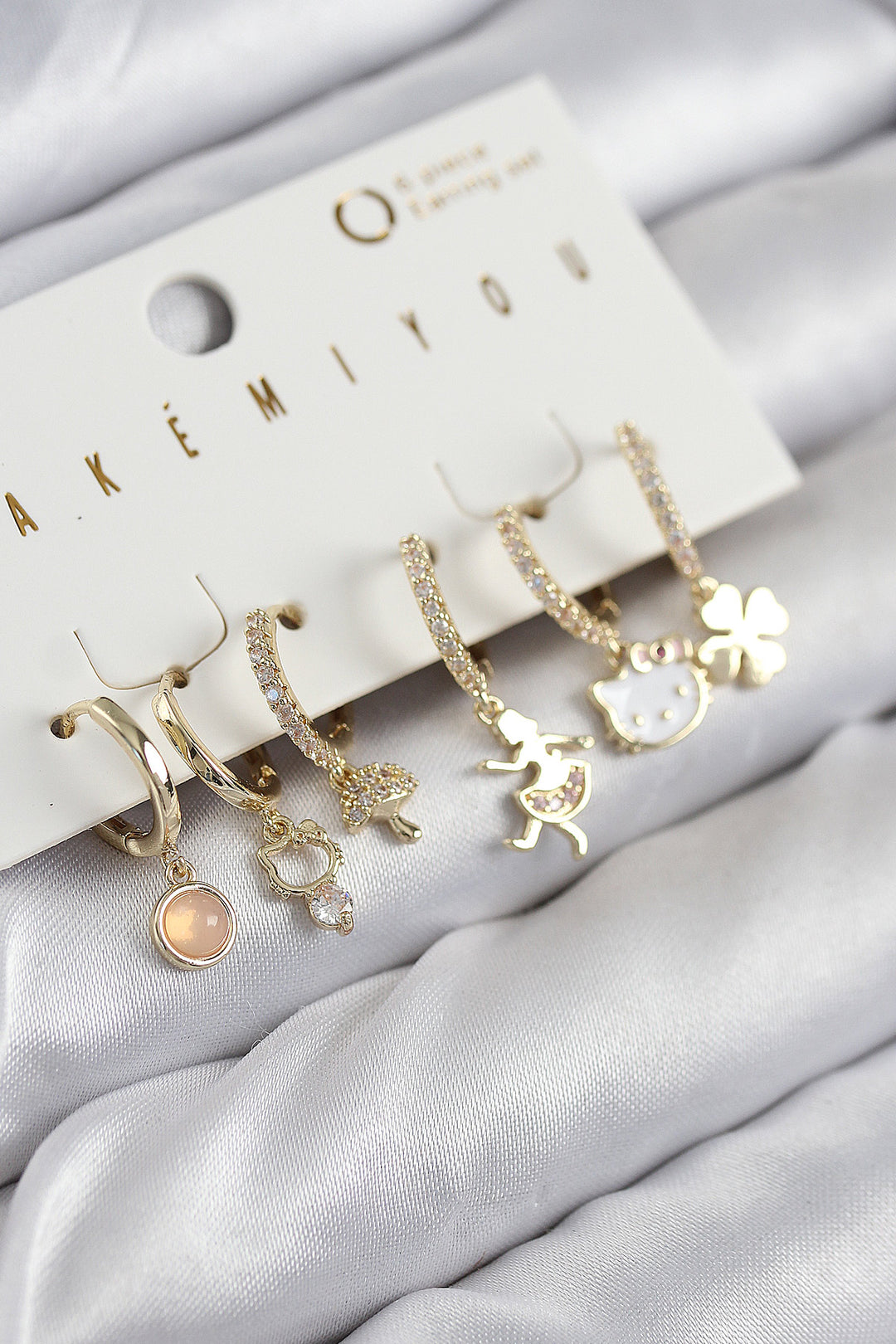 EBJ Rice Zircon Stone Hello Kitty and Clover Model Gold Color 6-Piece Earring Set - Nanaimo