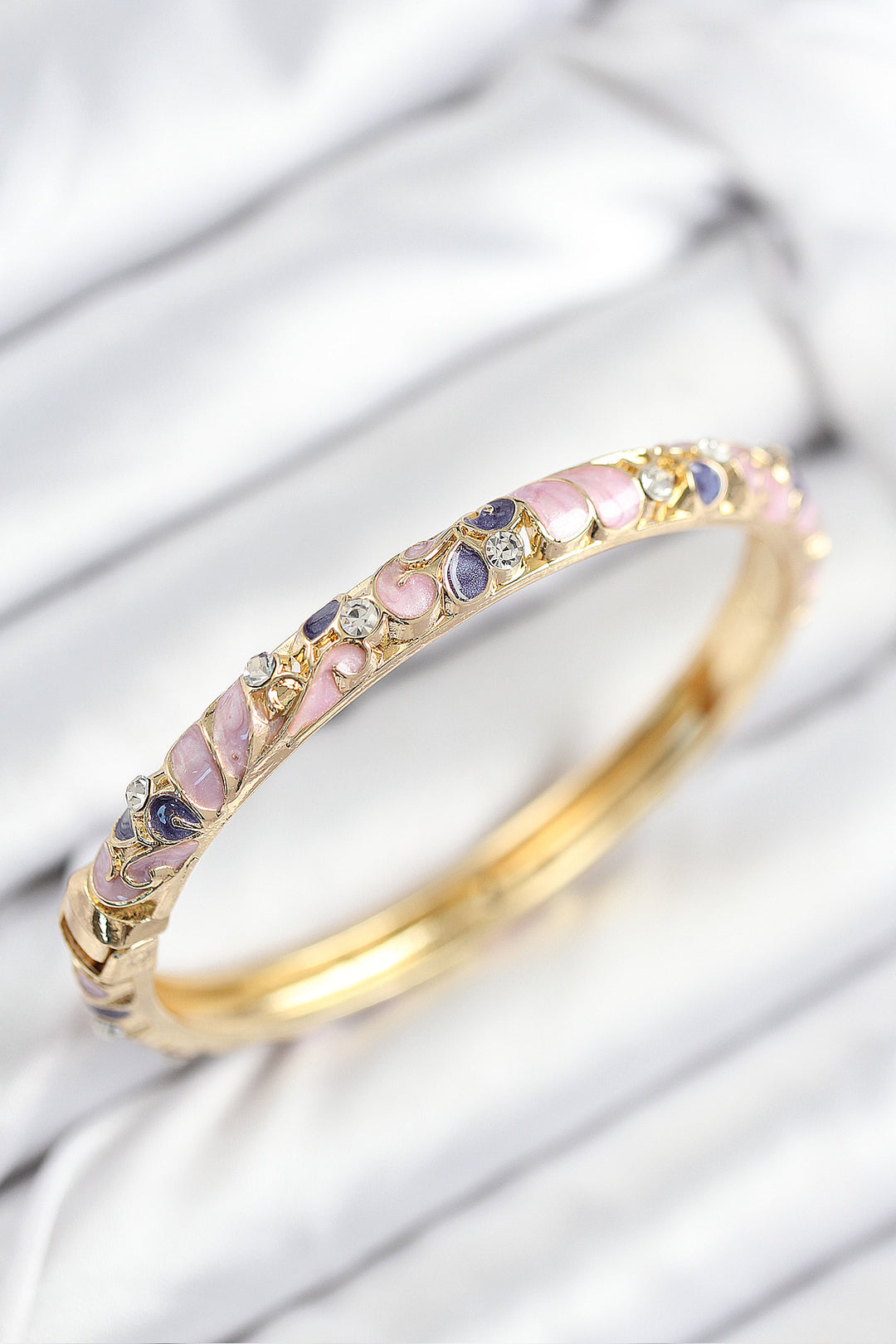 EBJ Mineli Gold Women's Cuff Bracelet with Rice Zircon Stone Fuchsia Purple Flower Motif - North Hempstead