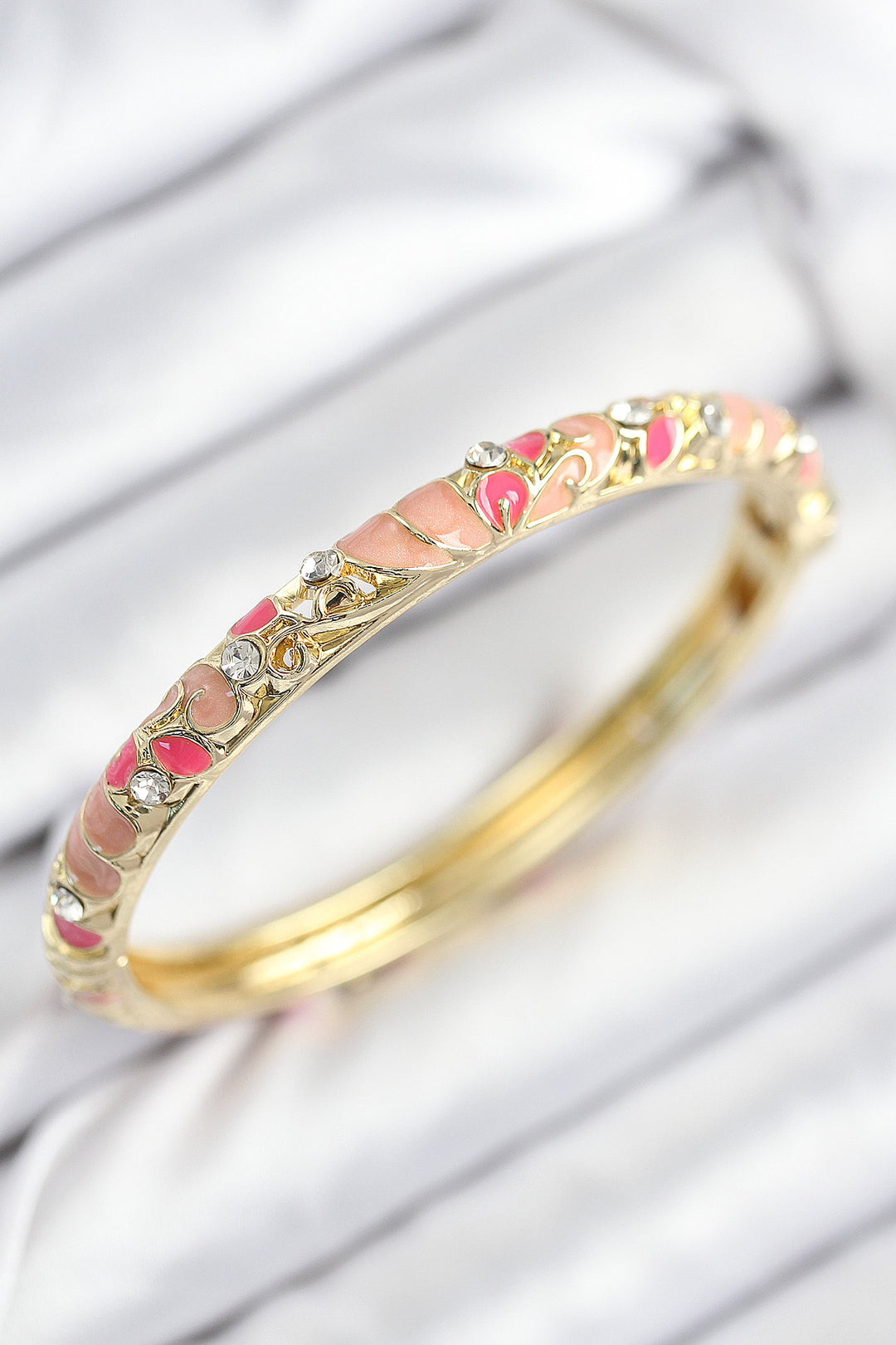 EBJ Enamel Rice Zircon Stone Pink Flower Motif Gold Women's Cuff - Chalkída