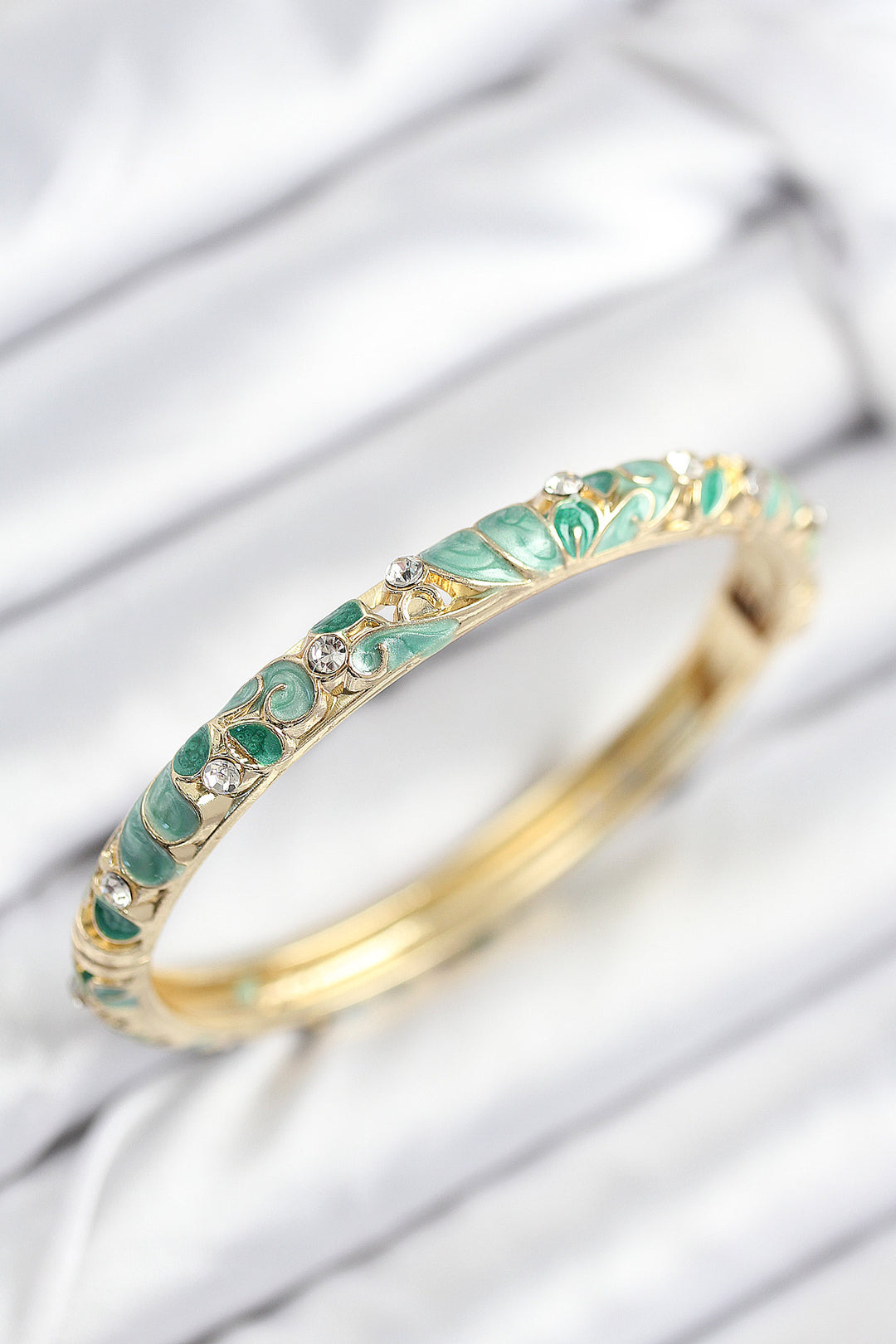 EBJ Enamel Rice Zircon Stone Emerald Green Flower Motif Gold Women's Bracelet - Warner Robins