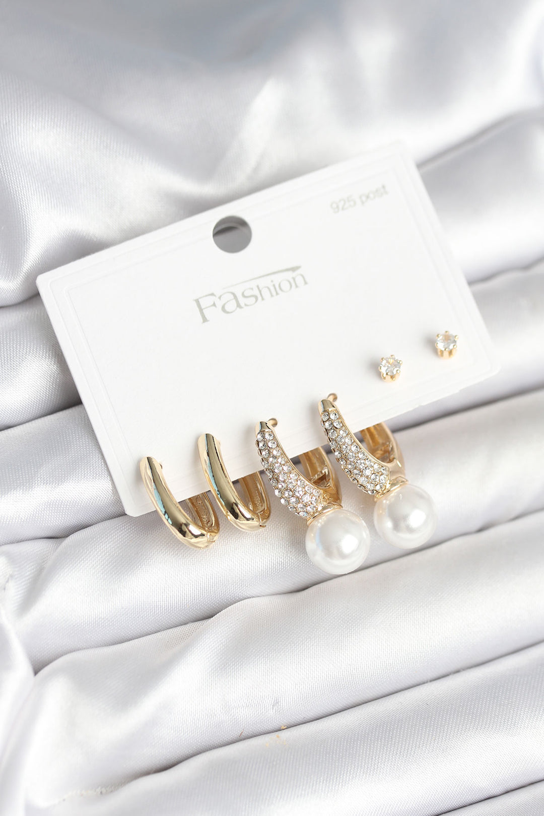 EBJ Rice Gold Color Zircon Stone Detailed 925 Sterling Silver Stud Earring Set for Women - Springfield