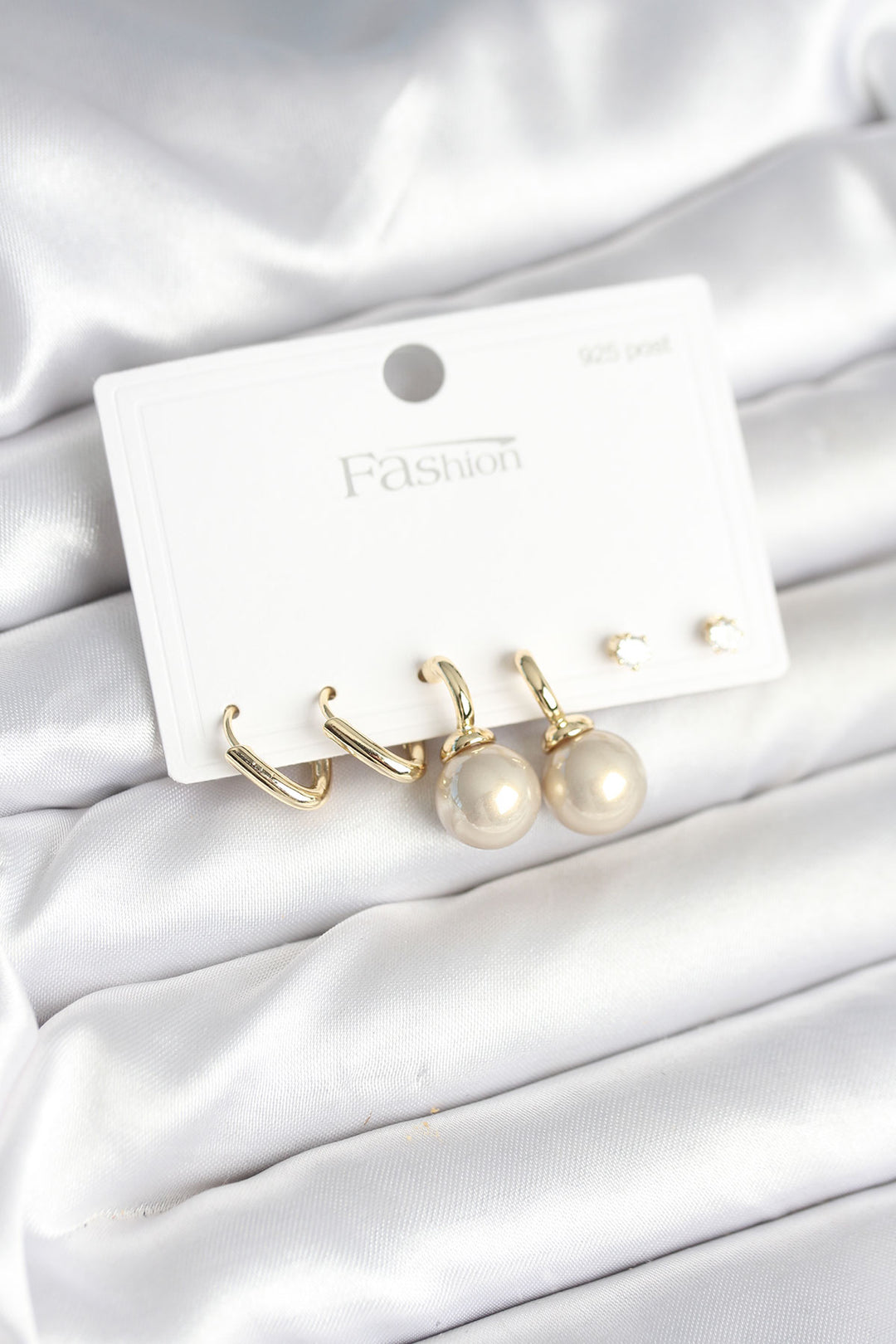 EBJ Rice Gold Color Pearl Detailed 925 Silver Stud Earring Set for Women - Dubno