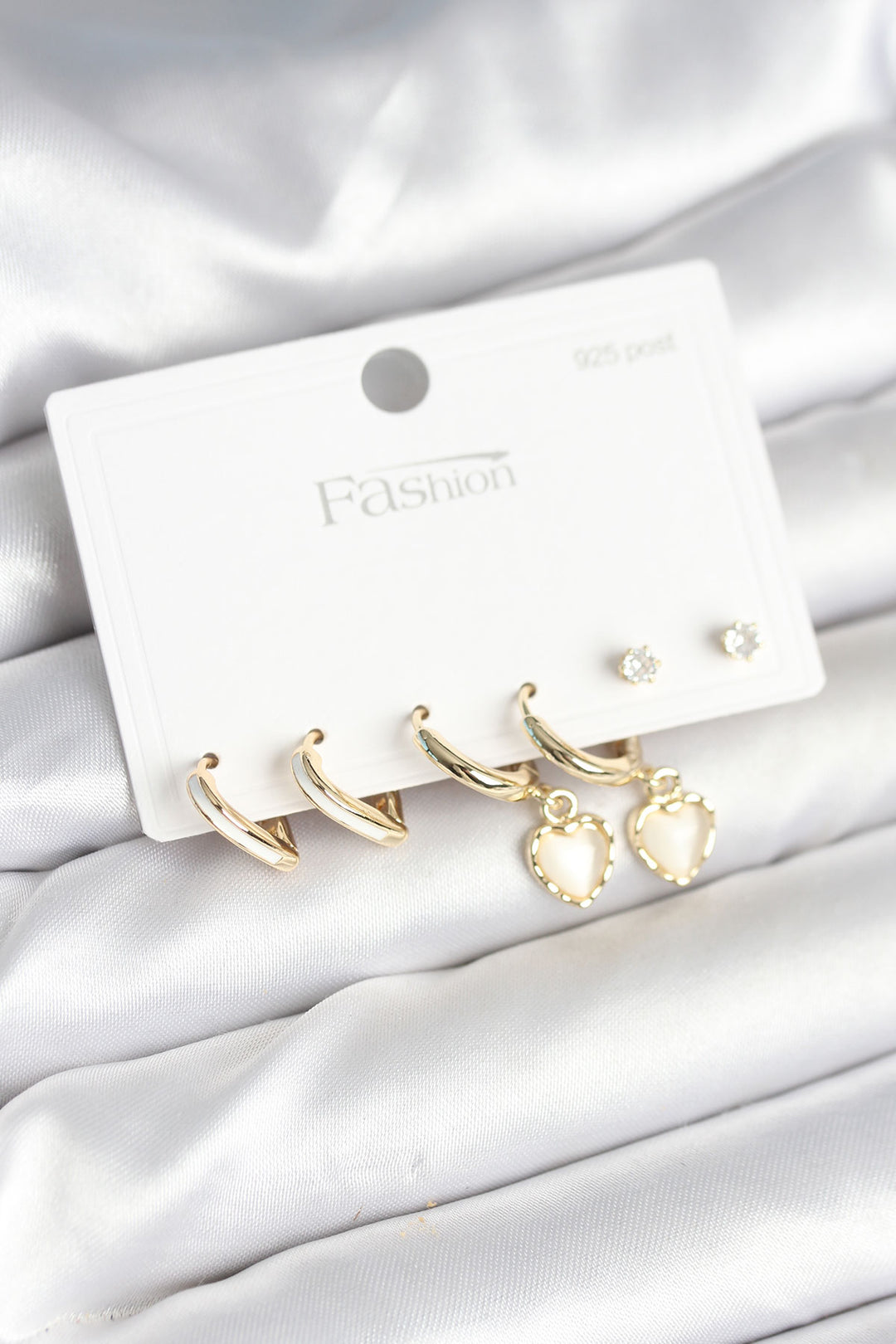 EBJ Rice Gold Color Heart Detailed 925 Sterling Silver Stud Earring Set for Women - Warner Robins