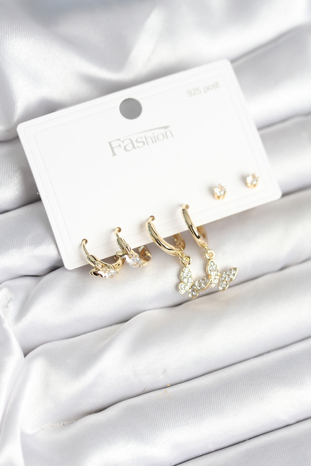 EBJ Gold Color Brass Butterfly Model 925 Sterling Silver Studded Women's Earring Set - Eltham