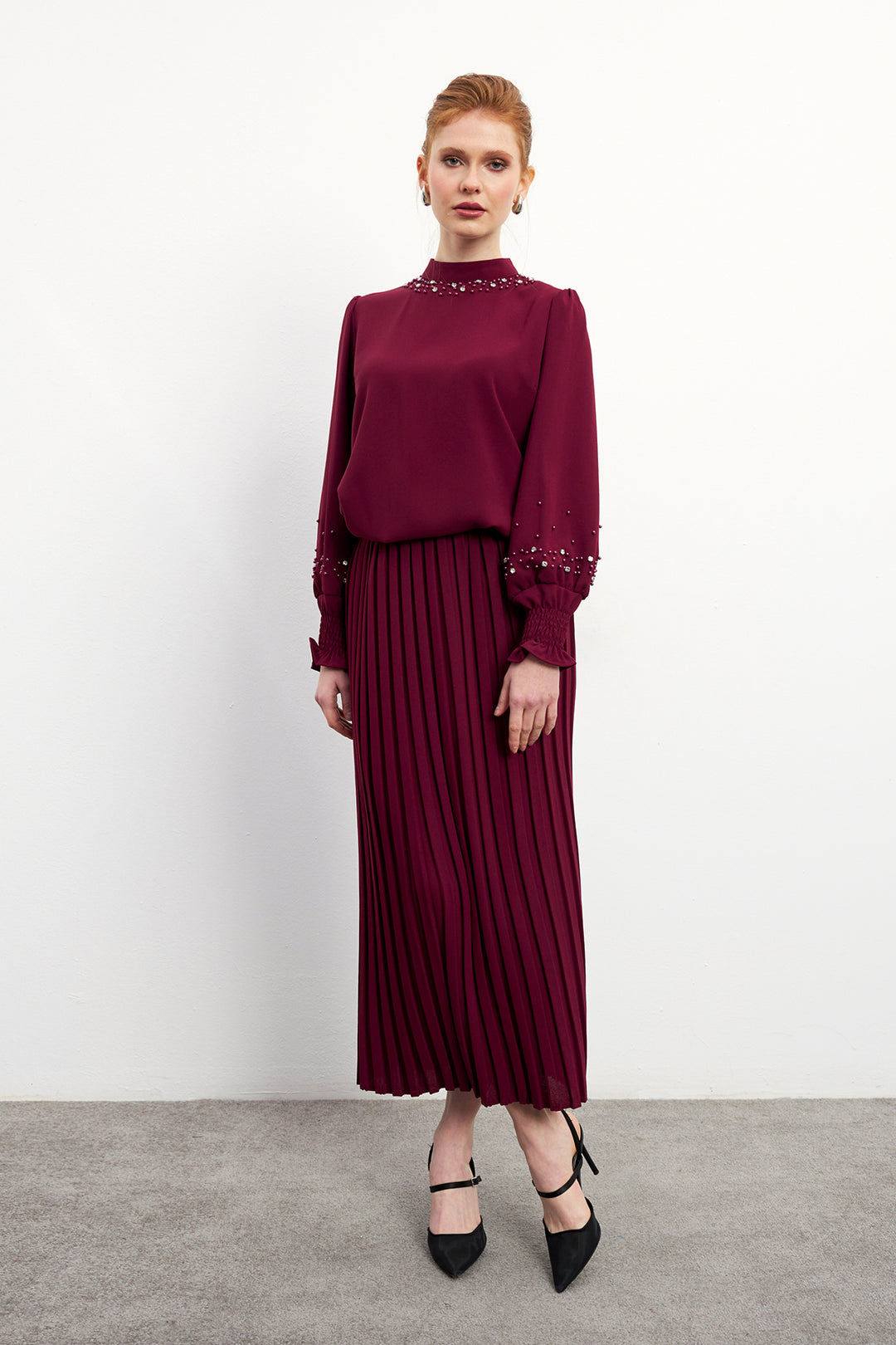 ZRF Women Valeria Skirt and Blouse Set - Burgundy - Boca Raton
