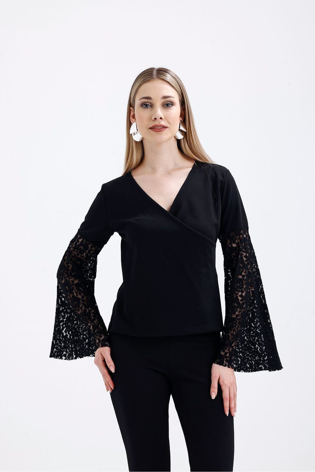 SNS Black Wrap Neck Collar Sleeves Tulle and Ruffled Open Shoulder Blouse - Denton