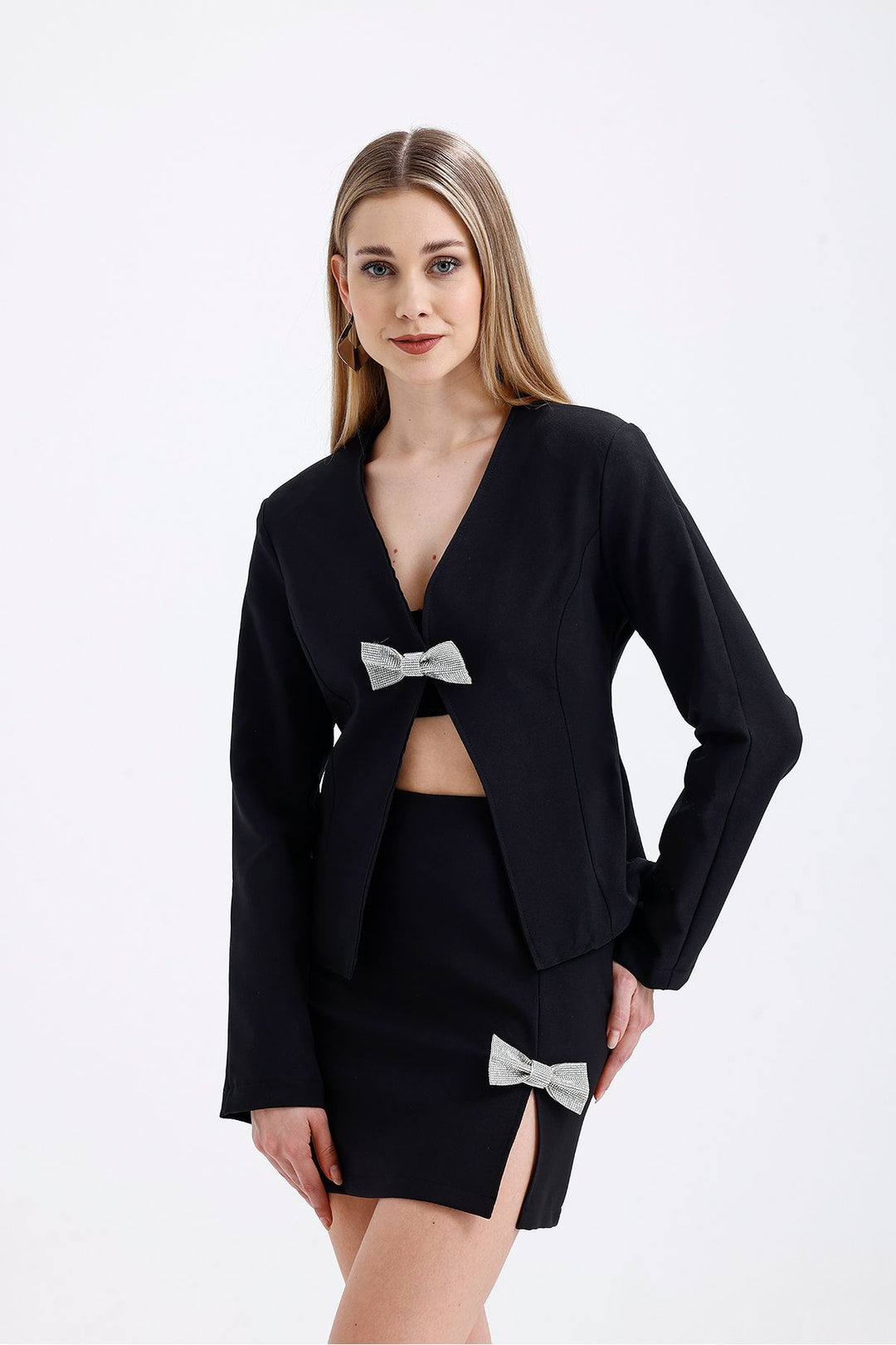 SNS Sense Black Stone Detailed Evening Skirt Lined Jacket Suit - Fréjus