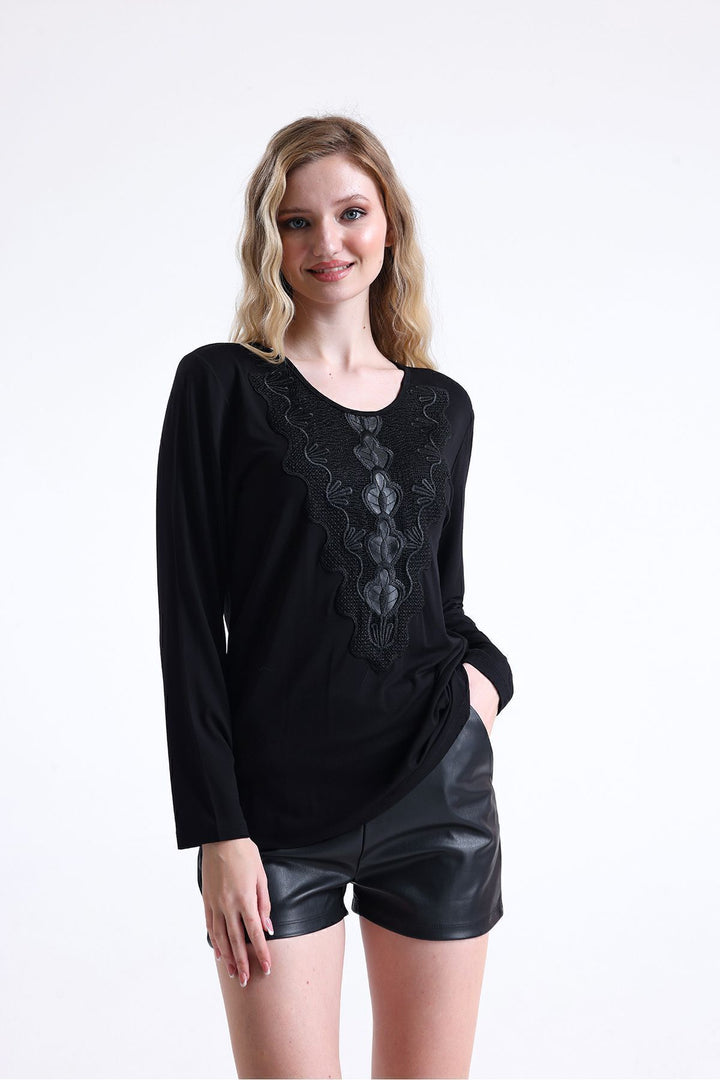 SNS Sense Black Lace Collar Long Sleeve Viscose Blouse - Cihuatlán