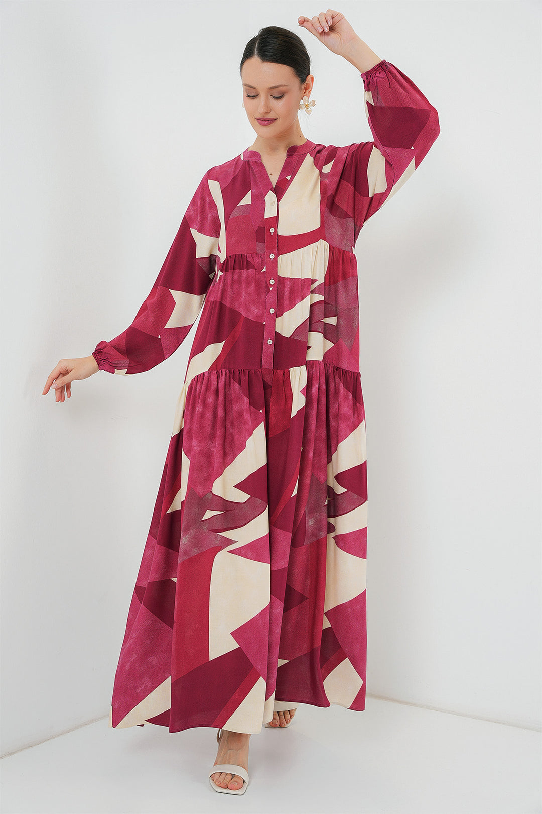 BGD Women Authentic Patterned Hijab Dress - Burgundy - Charlotte