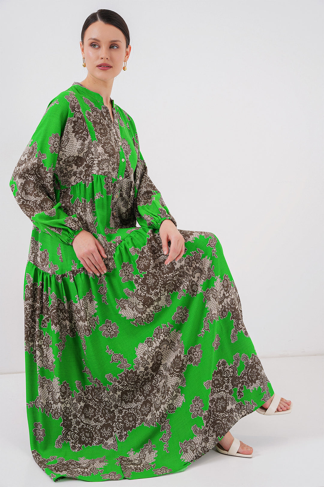 BGD Women Authentic Patterned Hijab Dress - Black - Green - Celle