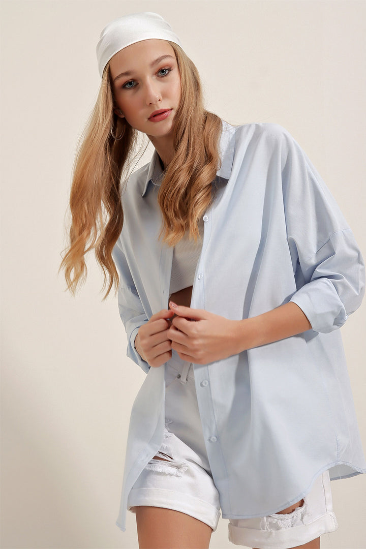BGD Women Oversize Long Basic Shirt - Light Blue - Avondale