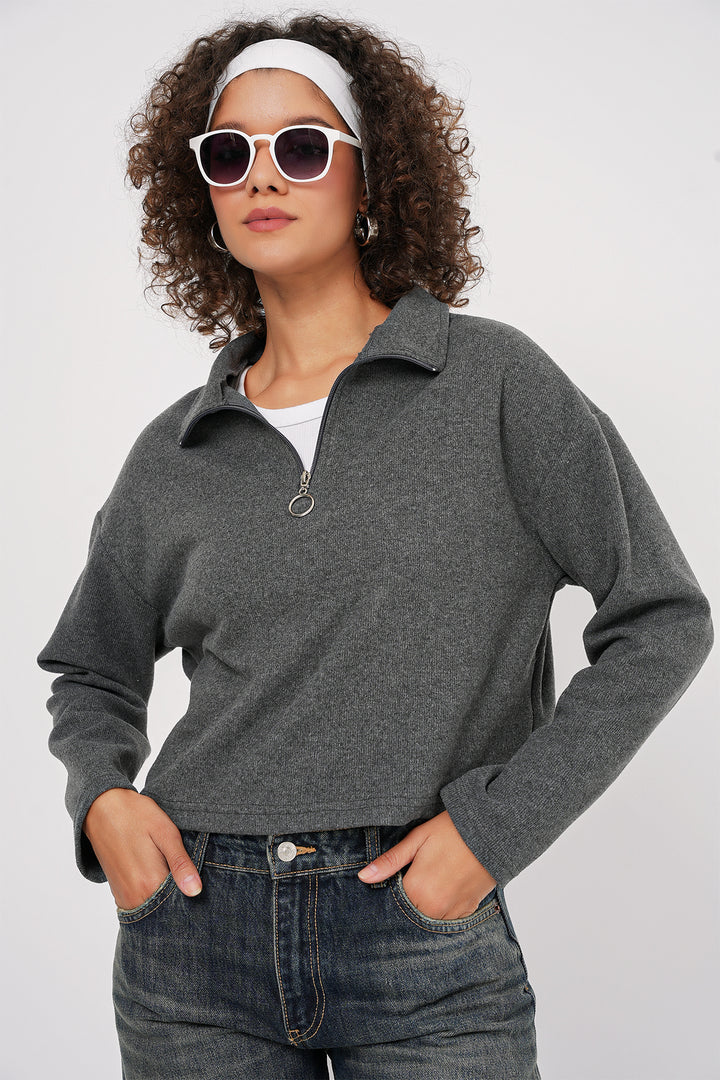 BGD Women Zip Neck Knitted Sweatshirt - Anthracite - Brooklyn Park