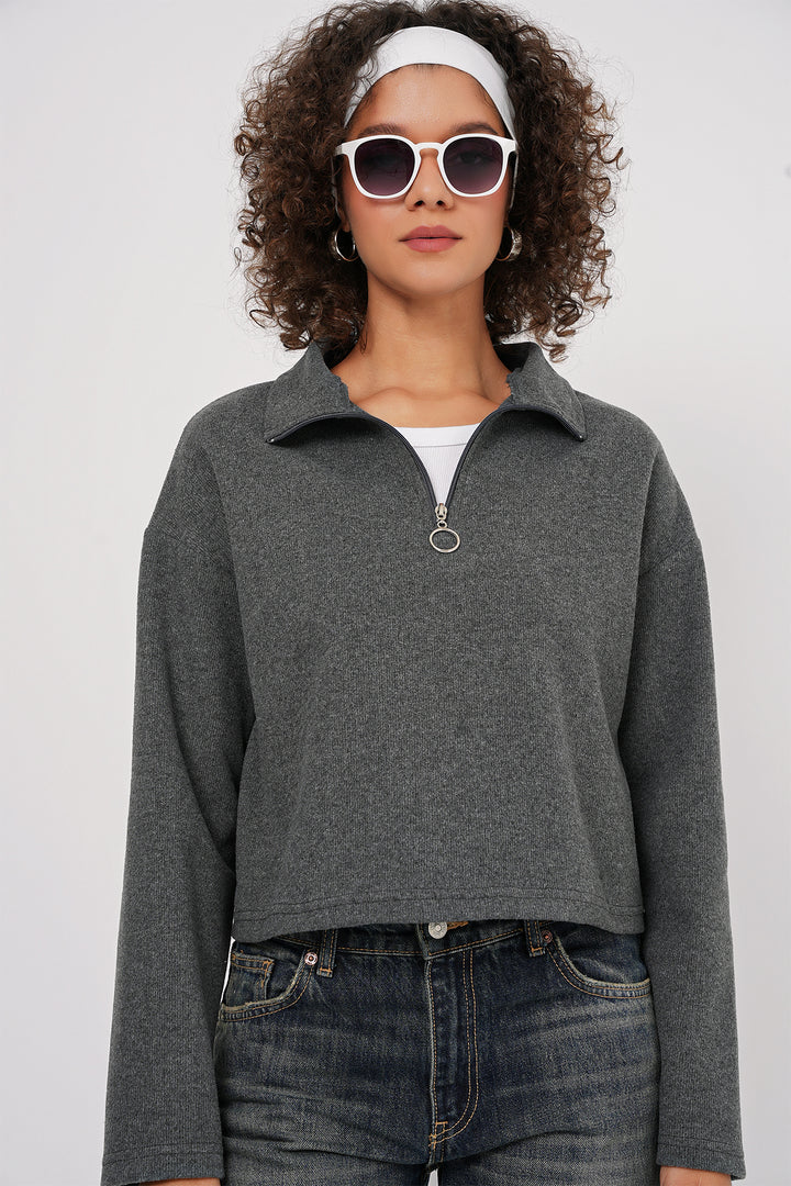 BGD Women Zip Neck Knitted Sweatshirt - Anthracite - Brooklyn Park
