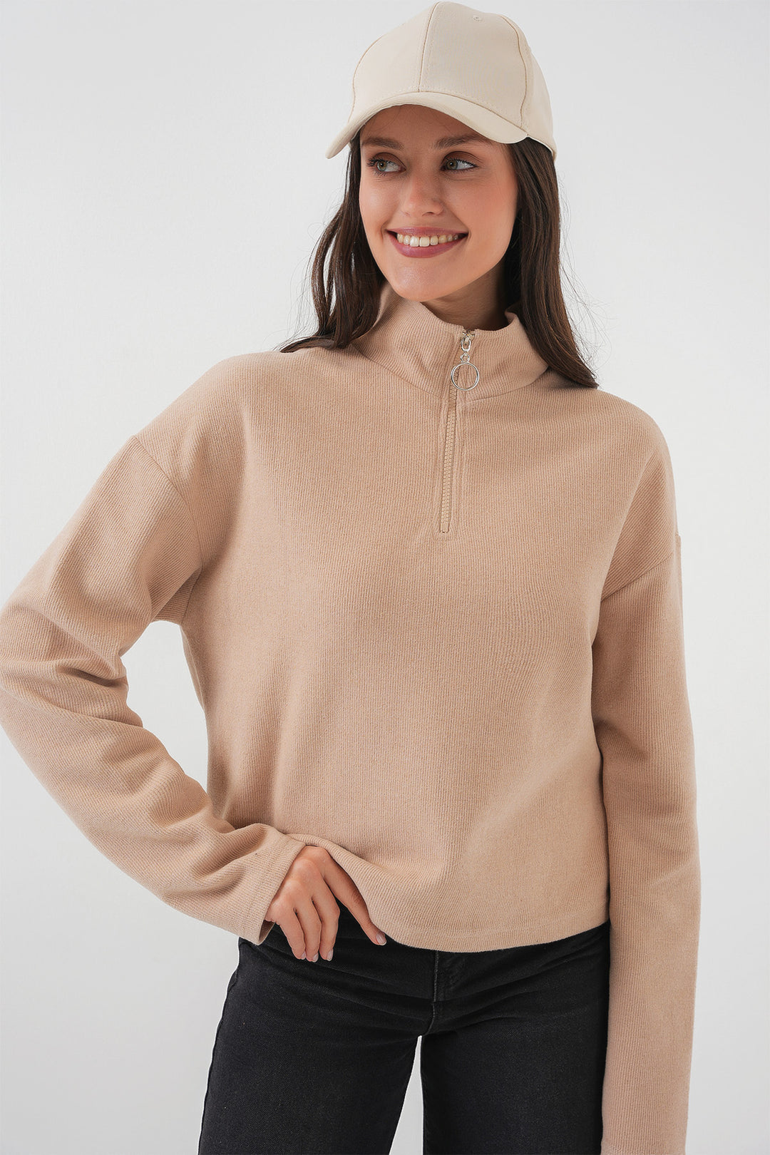 BGD Women Zip Neck Knitted Sweatshirt - Camel - Woolwich
