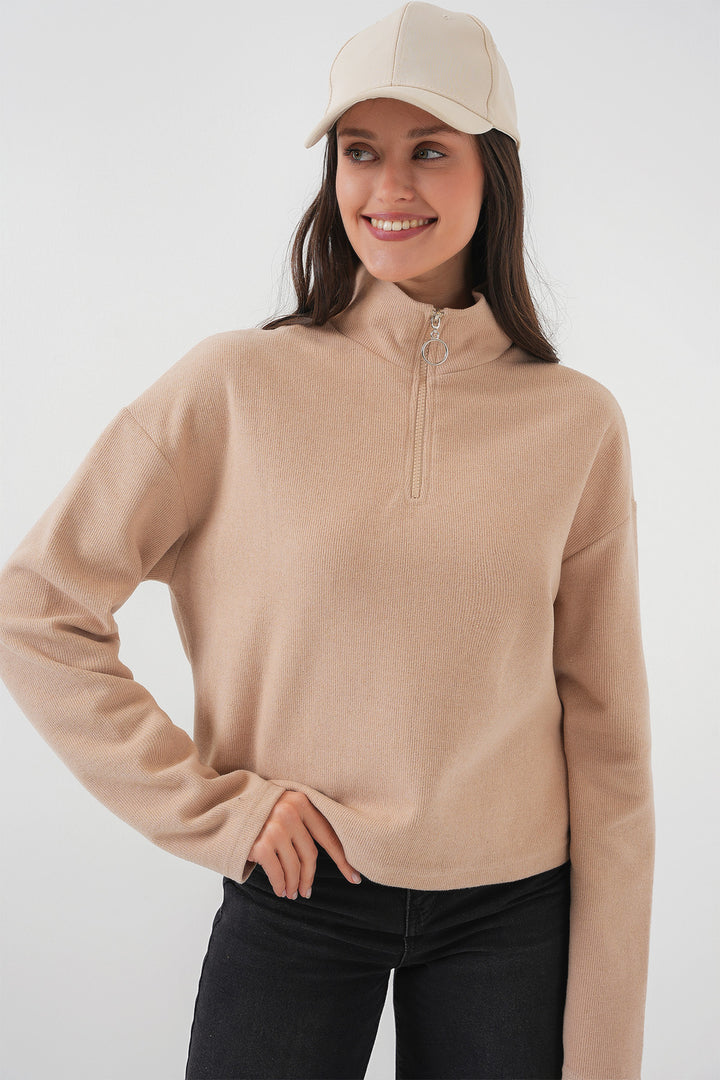 BGD Women Zip Neck Knitted Sweatshirt - Camel - Woolwich