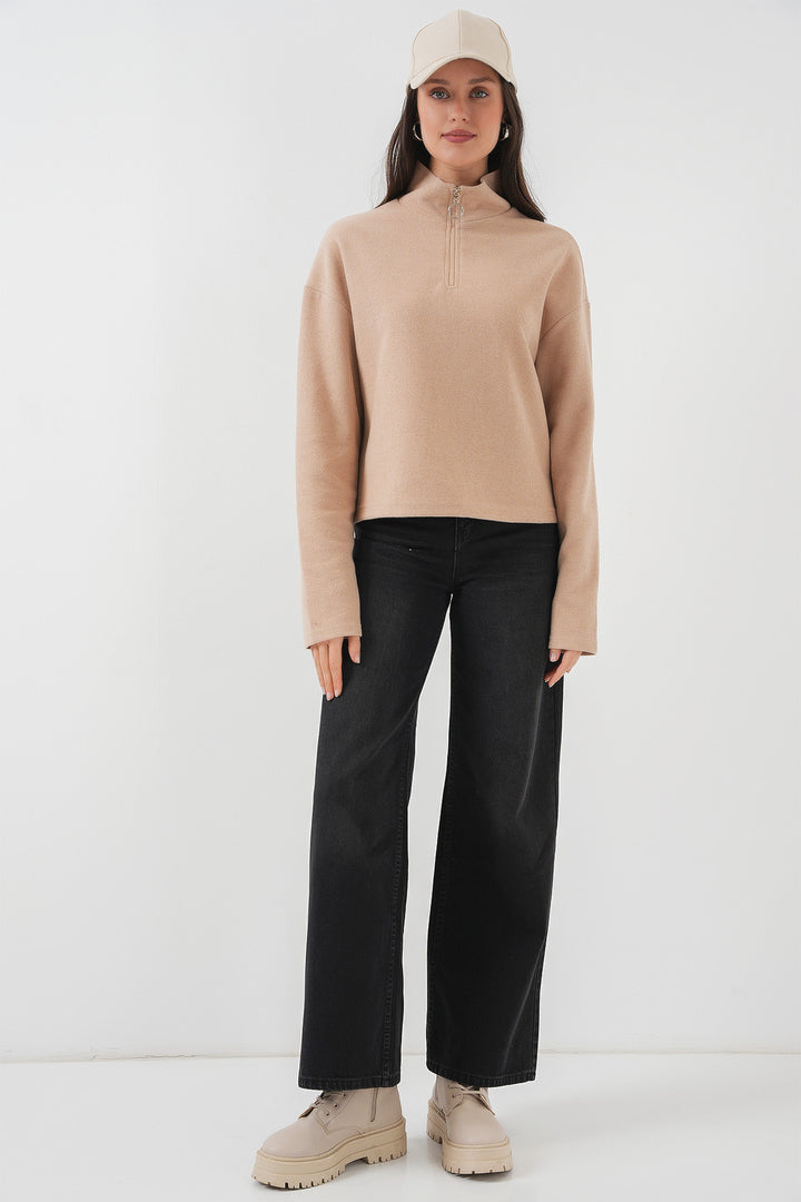 BGD Women Zip Neck Knitted Sweatshirt - Camel - Woolwich