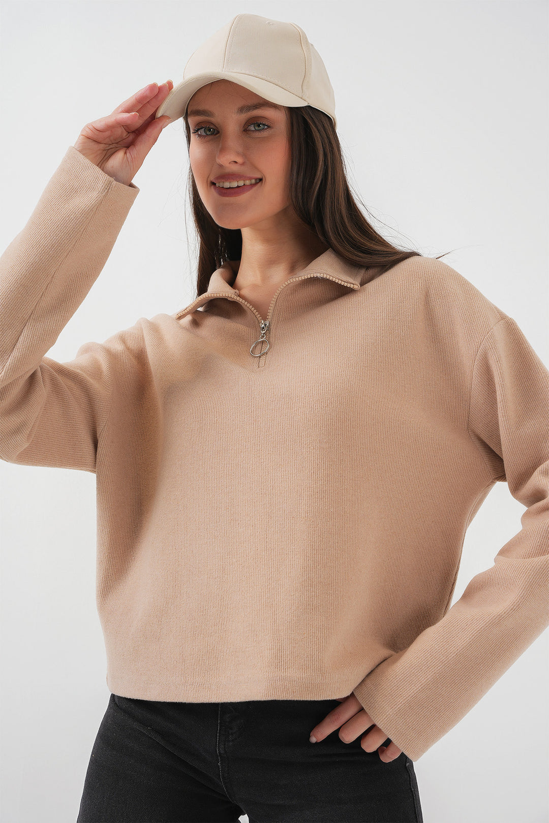BGD Women Zip Neck Knitted Sweatshirt - Camel - Woolwich