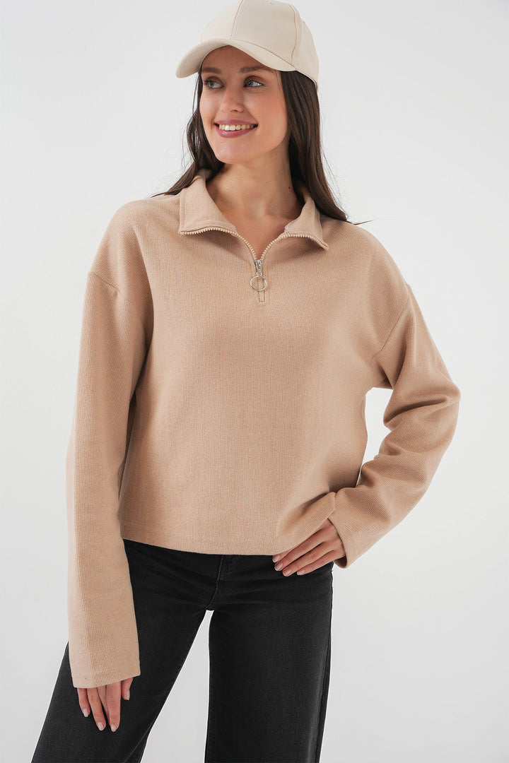 BGD Women Zip Neck Knitted Sweatshirt - Camel - Woolwich
