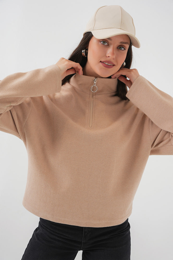BGD Women Zip Neck Knitted Sweatshirt - Camel - Woolwich