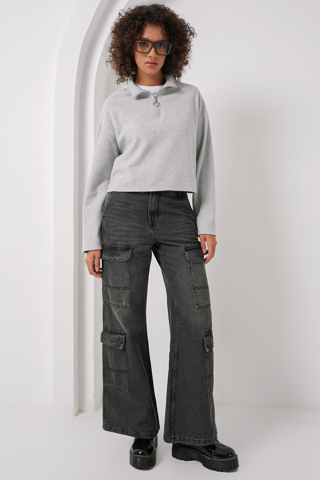 BGD Women Zip Neck Knitted Sweatshirt - Gray - Hamburg