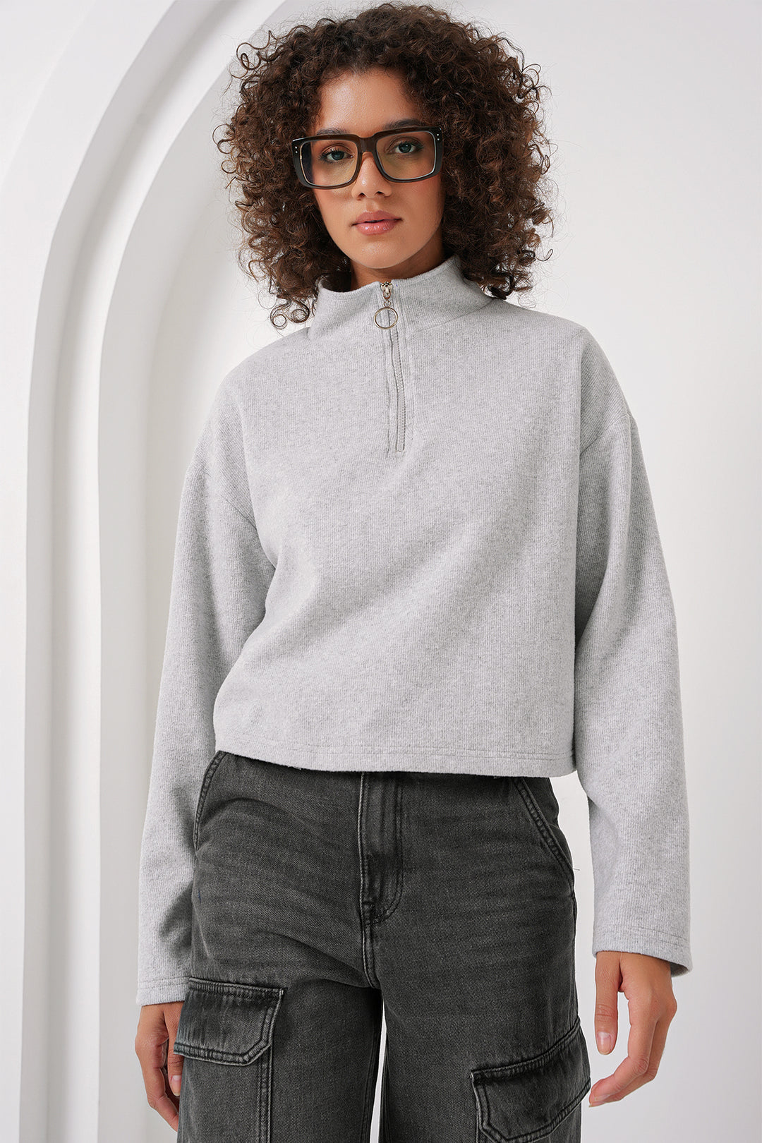BGD Women Zip Neck Knitted Sweatshirt - Gray - Hamburg