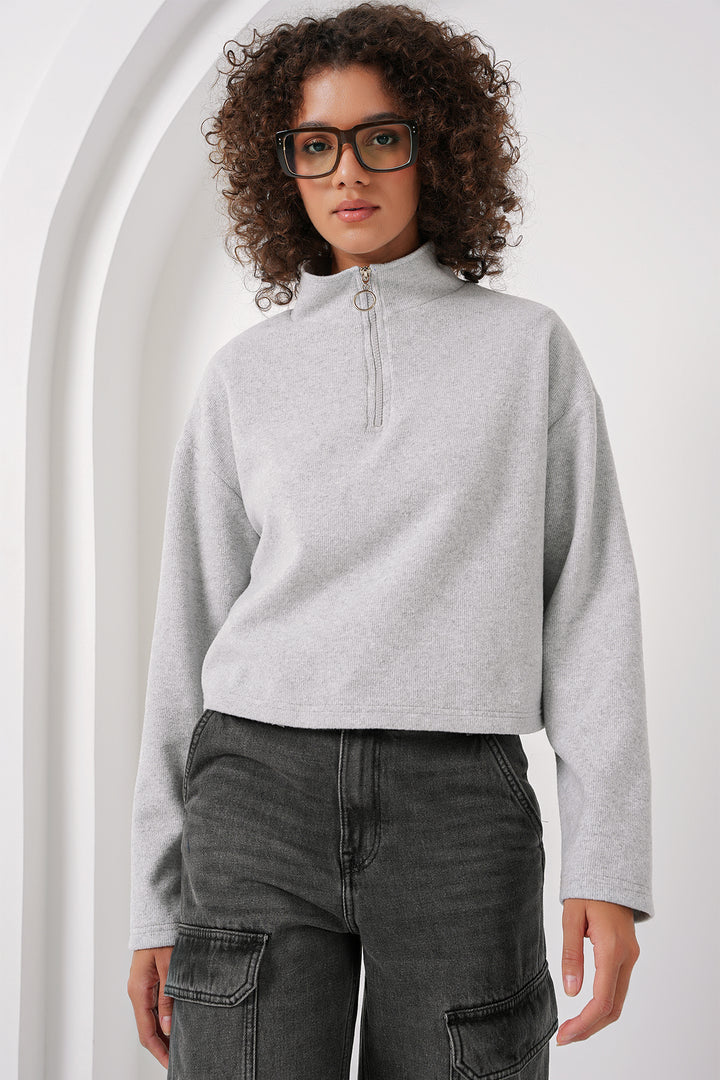 BGD Women Zip Neck Knitted Sweatshirt - Gray - Hamburg
