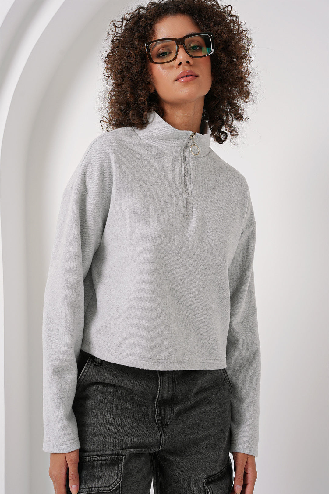 BGD Women Zip Neck Knitted Sweatshirt - Gray - Hamburg