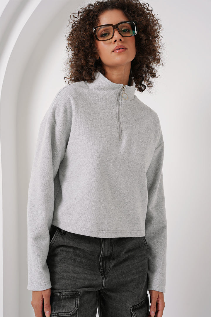 BGD Women Zip Neck Knitted Sweatshirt - Gray - Hamburg