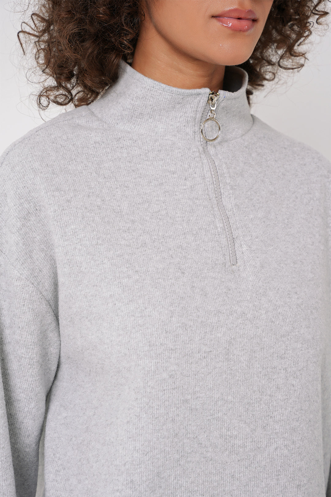 BGD Women Zip Neck Knitted Sweatshirt - Gray - Hamburg