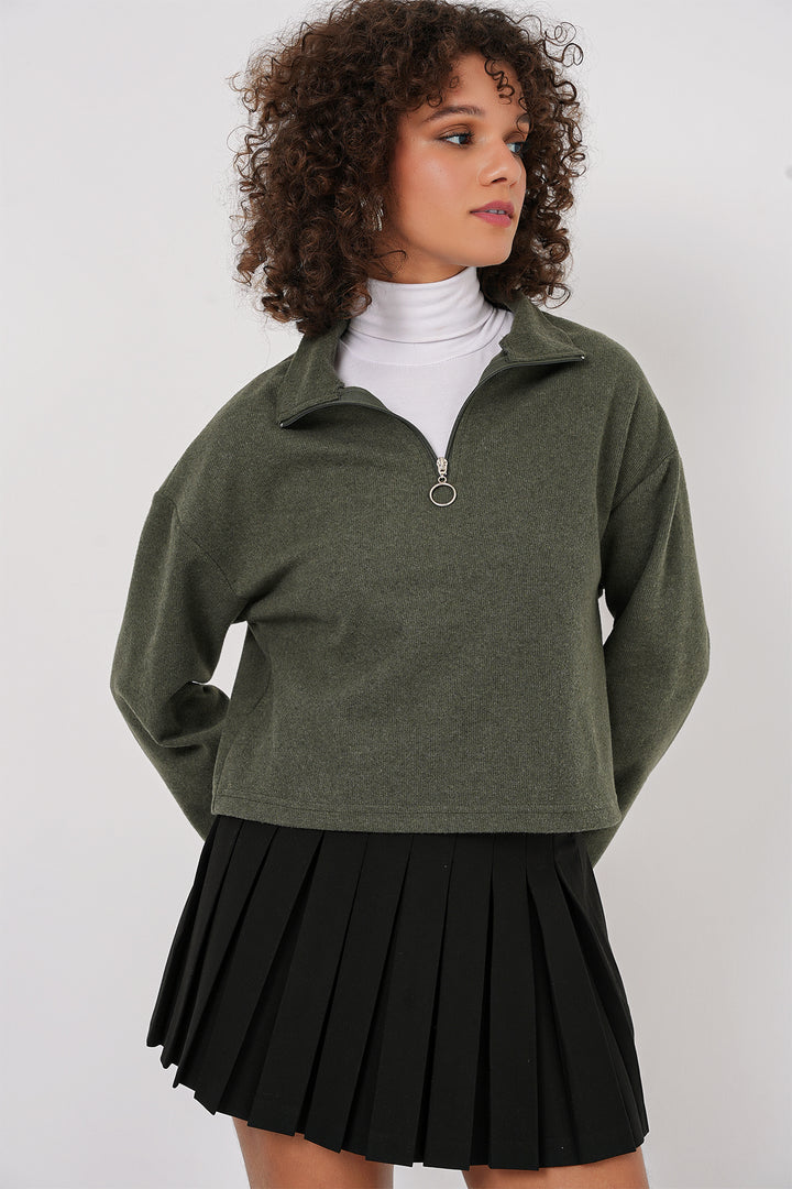 BGD Women Zip Neck Knitted Sweatshirt - Khaki - Decatur