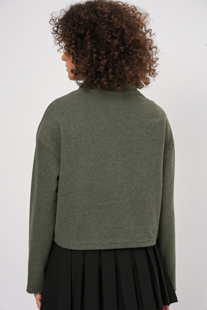 BGD Women Zip Neck Knitted Sweatshirt - Khaki - Decatur