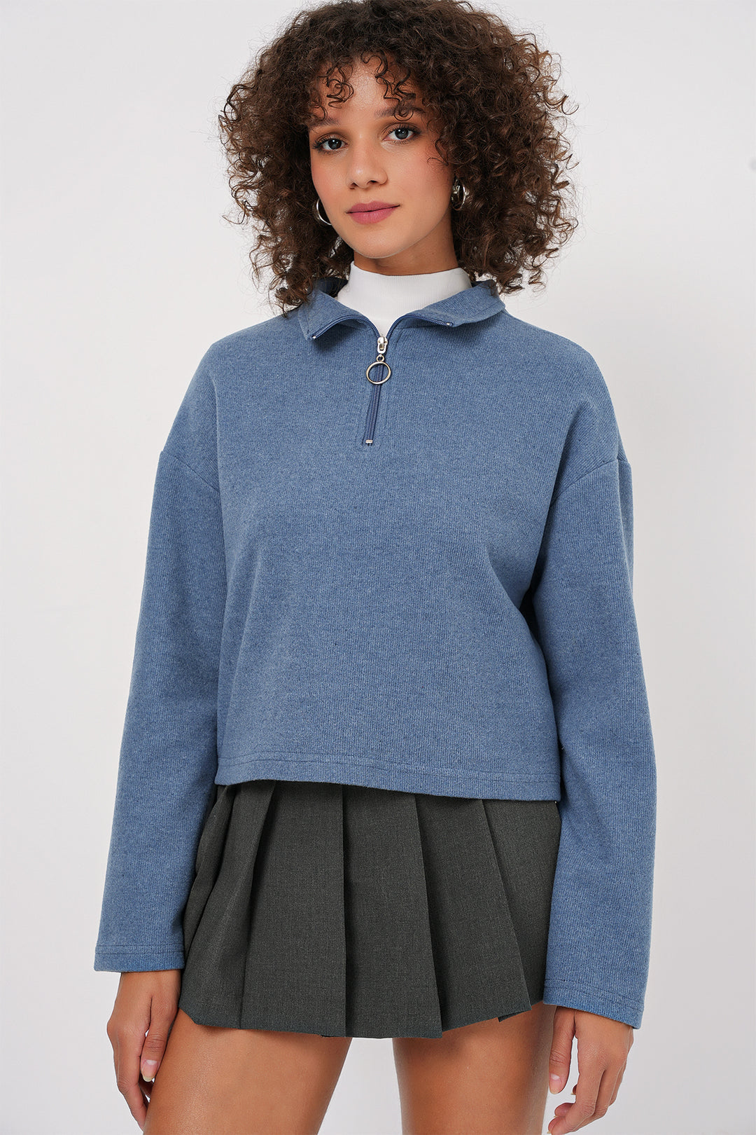 BGD Women Zip Neck Knitted Sweatshirt - Indigo - Bonita Springs