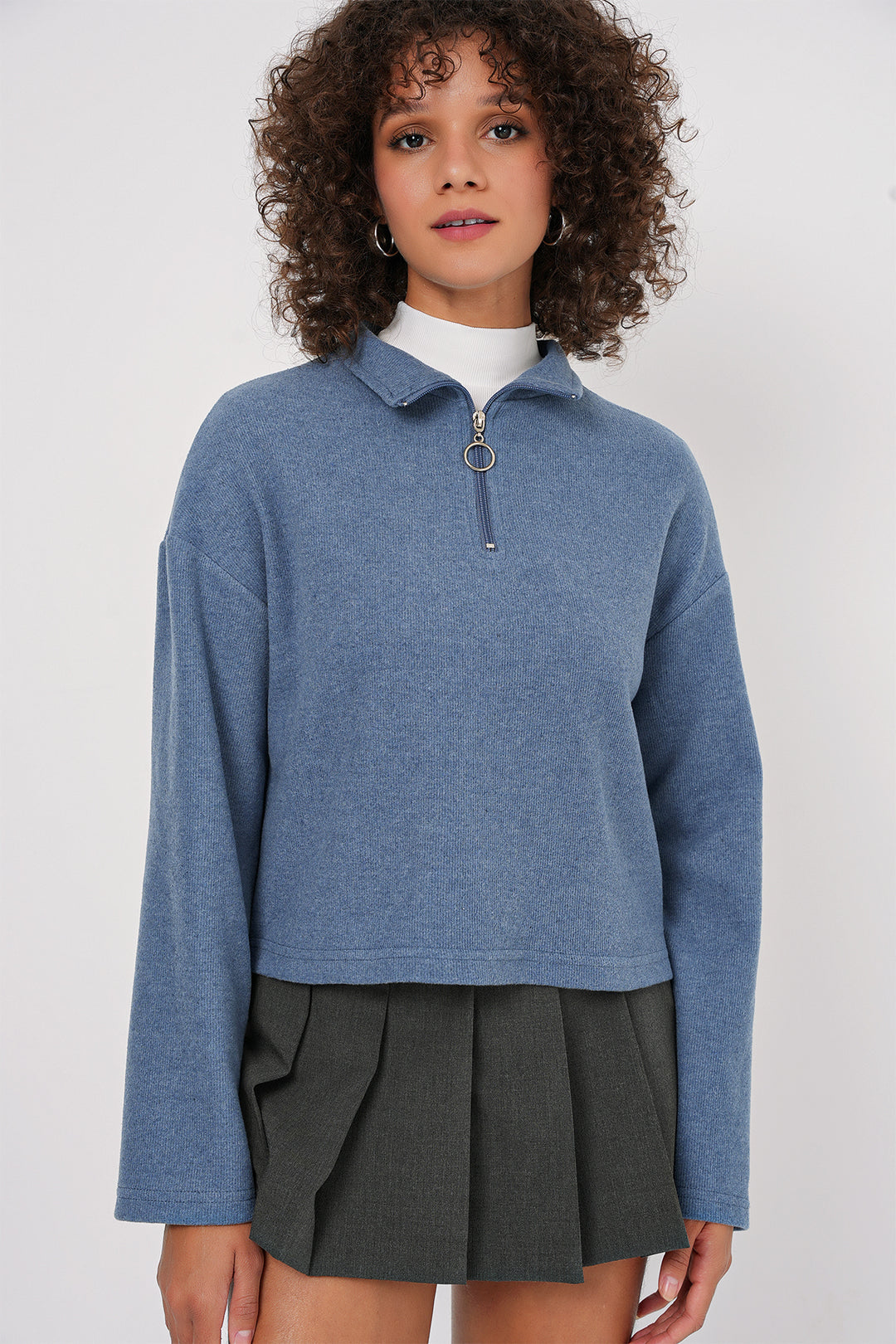 BGD Women Zip Neck Knitted Sweatshirt - Indigo - Bonita Springs